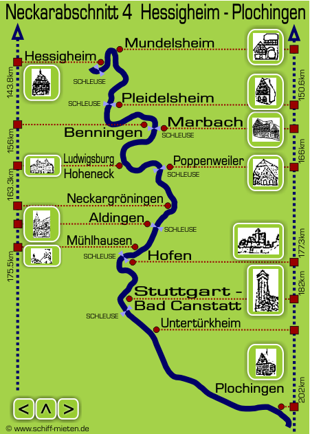 Landkarte Neckar Stuttgart Bad Cannstatt Marbach Ludwigsburg Hessigheim Mundelsheim Mhlhausen Plochingen