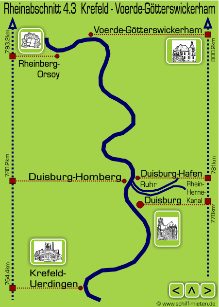 Landkarte Rhein Niederrhein Duisburg Ruhrort Krefeld-Uerdingen Voerde-Gtterswickerhamm Rheinberg-Orsoy