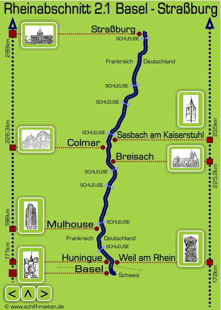 Rheinlauf Landkarte Basel Straburg Sasbach Kaiserstuhl Breisach Huningue Weil am Rhein Village-Neuf Kembs Mulhouse Colmar 