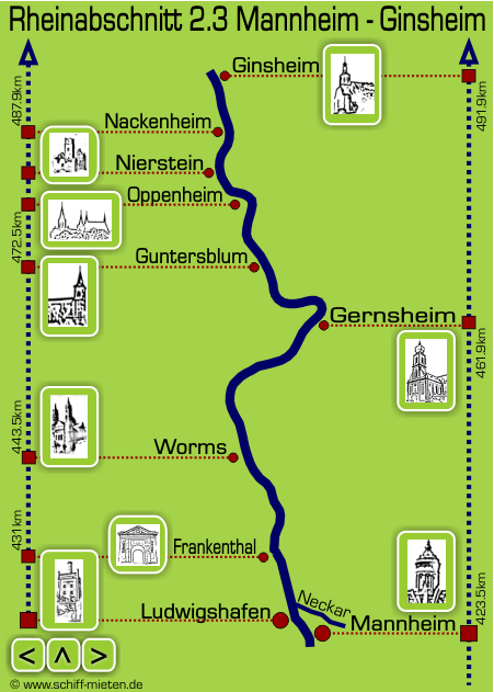 Rheinlauf Landkarte Mannheim Ludwigshafen Frankenthal Worms Gernsheim Guntersblum Oppenheim Nierstein Nackenheim Ginsheim